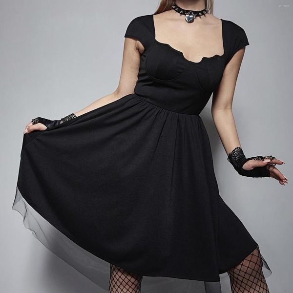 Vestidos casuales Vestido gótico sexy Goth Forma de murciélago oscuro Hollow Out Mujeres Grunge Negro Estética Fiesta Encaje Sin espalda Manga corta