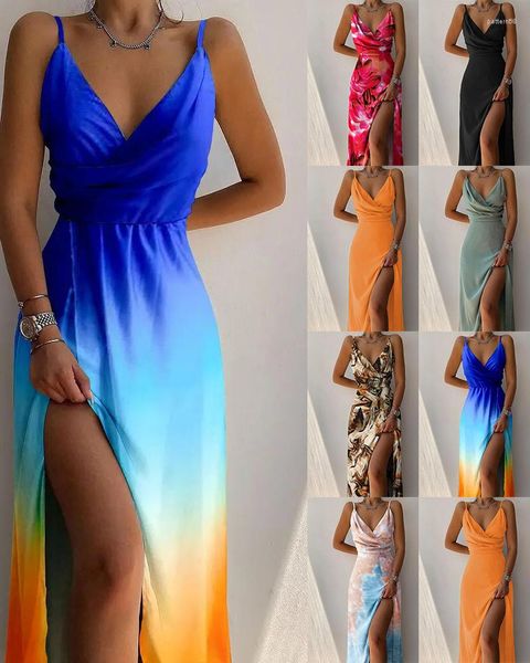 Vestidos casuales Sexy Gradient Print Suspender Dress para mujeres de verano con cuello en V profundo sin mangas Party Maxi Fashion High Split Fork Robe 2023