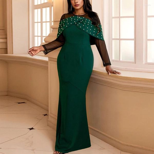 Robes décontractées Sexy vert pour les femmes col rond perlé transparent manches longues gaine sirène longueur de plancher élégante robe de fête d'anniversaire