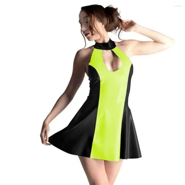 Vestidos casuales Halter sexy para mujer brillante charol una línea mini vestido club nocturno sin espalda patchwork bodycon fetiche aspecto mojado clubwear