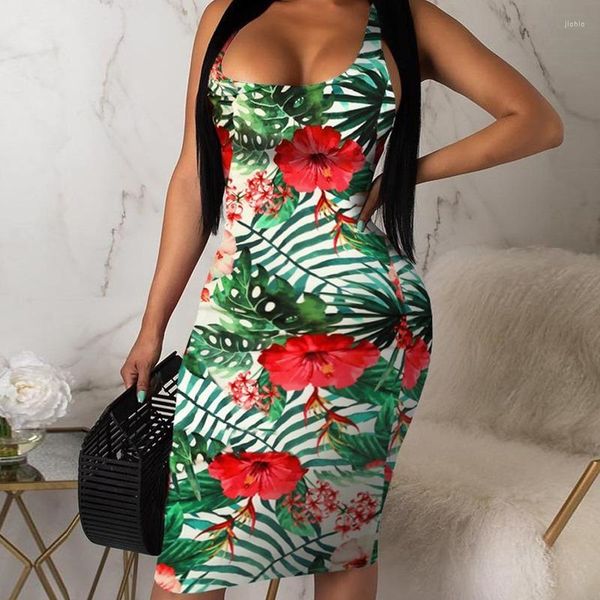 Vestidos casuales Sexy Mini vestido hawaiano verano sin mangas estampado bohemio playa suelto apretado Sling mujer vestido de verano 2023 trajes de vacaciones