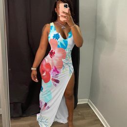 Robes décontractées Sexy haut fendu débardeur robe femmes sans manches moulante Club mode imprimé fleuri vêtements d'été bohème Maxi robe d'été