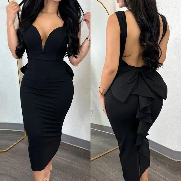 Robes décontractées Sexy Hip Wrap Slim taille haute noir long style élégant printemps / été femmes solide col en V épissé robe dos ouvert