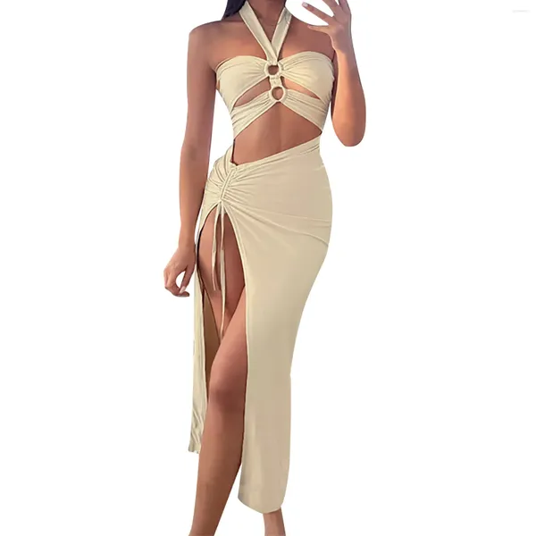 Vestidos casuales Sexy Hollow Out Halter Cuello para mujeres 2024 Cordón High Slit Robe Vestido de cóctel Vestidos Vestidos de verano Sundress