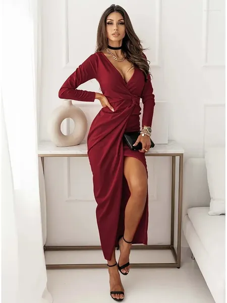 Vestidos informales Sexy Irregular Slim Party para mujeres Profundo con cuello en V Pliegues Paquete Cadera Elegante Damas Prom Slit Vestido de noche largo Vestidos