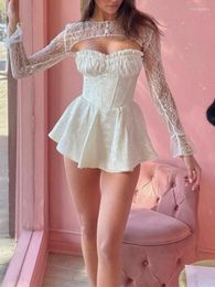 Casual jurken sexy jacquard satijnen houten oor ruches bh corset stijl strapless mini jurk dames zoom bal jurk swing feest skater robe Vestido