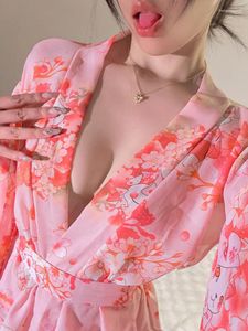 Robes décontractées Sexy japonais imprimé en mousseline de soie taille attachée kimono uniforme peignoir pour femmes robe élégante rose douce fille mignonne bew0