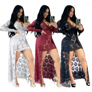 Vestidos casuales Sexy Lace Sheer Bodycon Vestido largo Mujer Asimétrico Cuello en V Ver a través Negro Blanco Tight Maxi Woman Party Night Club