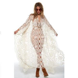 Vestidos casuales Sexy encaje verano sol proteger largo para mujeres 2022 malla vestido bohemio vacaciones vestidos blancos casual