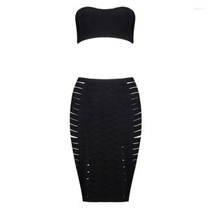 Casual jurken Sexy Lady Two Piece Set Dress Women Summer Black Bandage Strapless Top Fashion Hollow Out Bodycon Celebrity