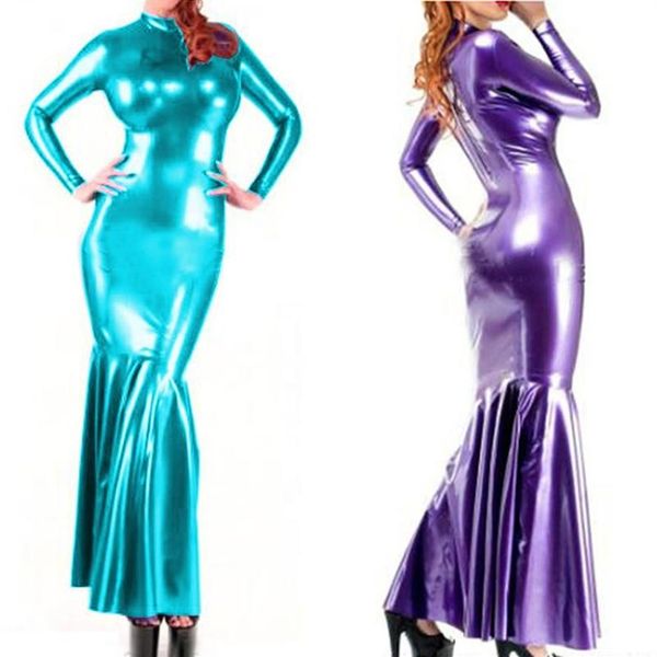 Robes décontractées Sexy robe en latex manches longues robe en caoutchouc faux cuir PVC Party Club Slim sac de mode hanche queue de poisson tenues249I