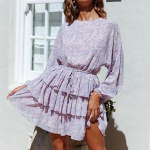 Robes décontractées Couche sexy couche plissée à manches longues femme robe col rond évider taille haute fête élégante dos nu à lacets robes