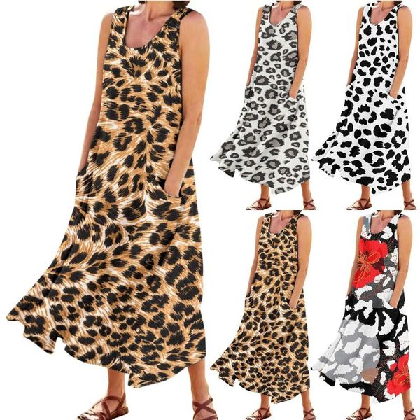 Vestidos informales Sexy Leopard Cotton Linen Long para mujeres Summer sin mangas sin mangas Boho Sundress Tank Loose Vestido con Vestido de bolsillo