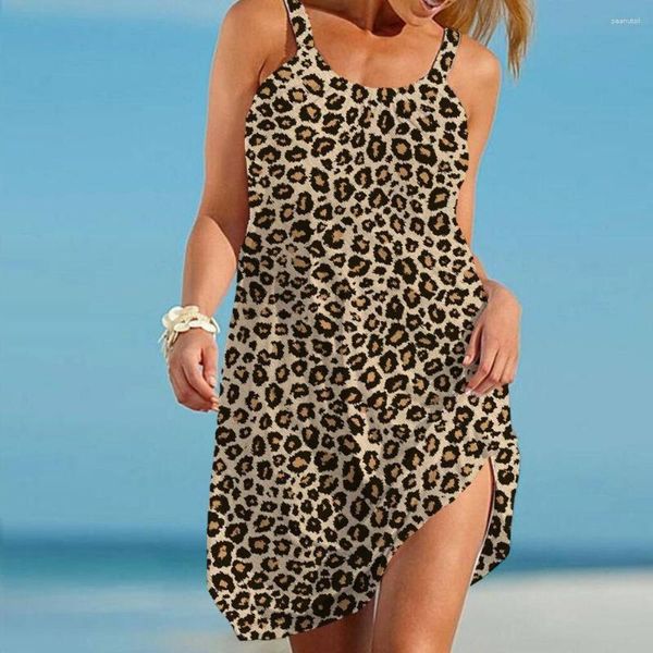 Vestidos informales Sexy Leopardo Impreso Sin respaldo Verano 2023 Club Sin mangas Cuello redondo Sling Beach Midi Vestido Ropa de mujer