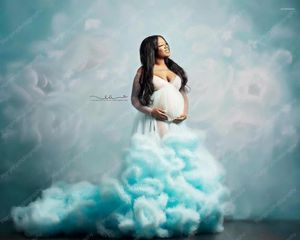 Casual jurken sexy licht hemelsblauw tule zwangerschaps lange mouwen pluizige ruches gelaagde op maat gemaakte grote maten Po Shoot zwangerschapsjurk