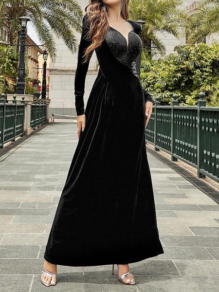 Robes décontractées sexy à manches longues paillettes bodycon maxi pour les femmes élégant noire en n cou velvet célèbre soirée de fête de fête de fête