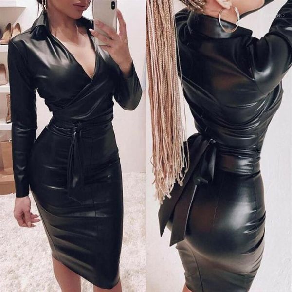 Vestidos casuales Camisa de manga larga sexy Vestido negro PU Cuero Femenino Club Fiesta Corto V Cuello Lace Up Vendaje Latex Bodycon Midi1227L