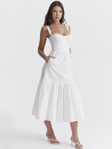 Vestidos casuales Sexy Vestido largo de verano para Mujer correa de espagueti blanco Vintage cintura alta playa boda algodón Lino Vestido Mujer