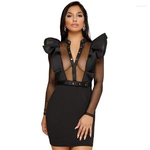 Robes décontractées Sexy Mesh See-Through Black Bodycon Mini Dress Long Seeve Femmes Ruffles O-Neck Button Night Club Short Party Avec Ceinture