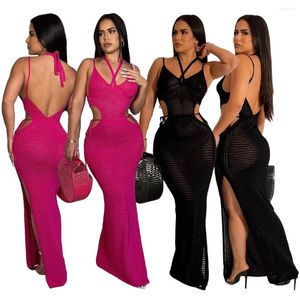 Casual jurken sexy mesh strapless hollow out maxi jurk pure sundress bandage mouwloos zie door strandkleding gebreide lange rok