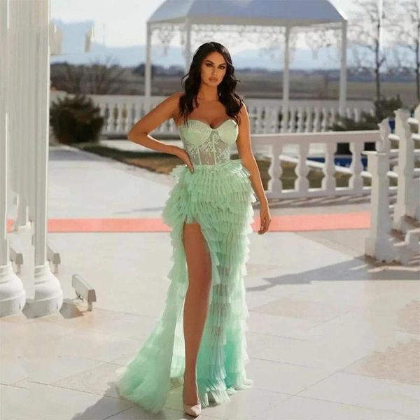 Vestidos casuales Sexy Mint Green High Split Tul Tul Dram Gowns Sweetheart Strapsless Fluffy Tiered Lace Lace Formal Mesh Mesh Mesh Rente