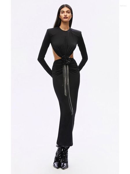 Robes décontractées Sexy O cou à manches longues fleur gland diamant chaîne robe femmes noir dos nu fleuri moulante élégant fête Club