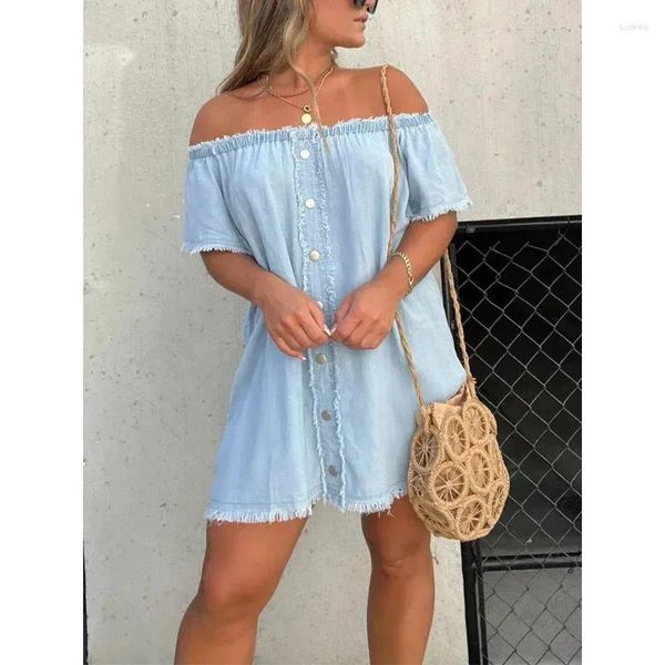 Vestidos casuales Sexy Off Shoulder Tassel Denim Vestido Dama de la manga corta Flim Jean Mini Fashion Wisting Fiesta sólida Summer