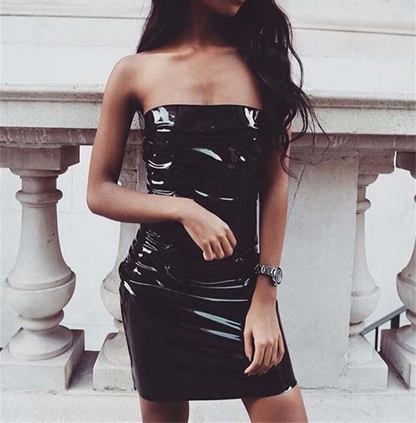 Vestidos casuales Sexy fuera del hombro Tube Top Dress Mujeres Shiny PVC Night Party Wetlook Strapless Faux Leather Catsuit Fashion Club
