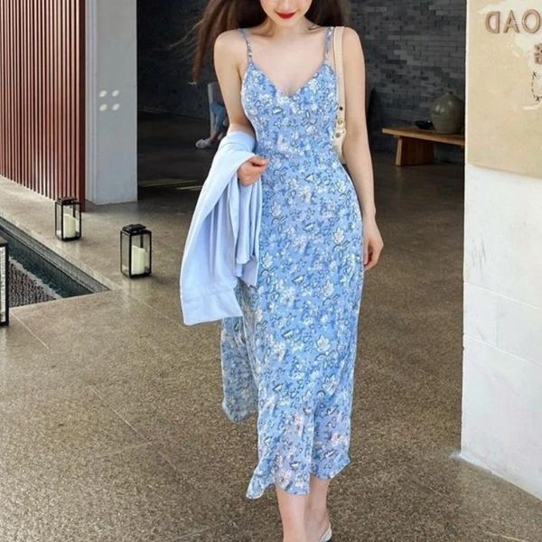 Vestidos casuales Vestido de una sola pieza sexy coreano sin mangas elegante floral mujeres playa sundresses para el verano 2024 diseño con cuello en v boho