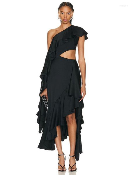 Robes décontractées Sexy une épaule asymétrique robe à volants femmes élégant noir incliné découpé à volants drapé midi mince club de fête