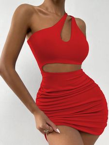 Casual jurken sexy een schouder uitgehold mini-jurk mouwloos backless dames feest nachtclub bodycon outfit tweedelige set