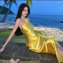 Casual jurken Sexy open rug bloem halter mouwloos strandfee-jurk zomervakantie mode rugloze gele potloodclub lang feest