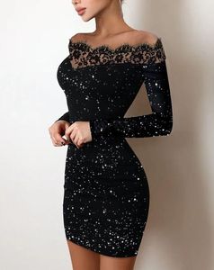 Casual jurken sexy feest avondje uit voor vrouwen herfst gewoon zwart off schouder lange mouw contrast kanten glitter bodycon mini jurk 230217