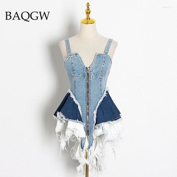 Robes décontractées Sexy Patchwork Design Denim Femmes Tops Col Carré Sans Manches Spaghetti Strap Tunique Maille Volants Hit Couleur Gilet Robe