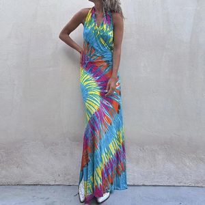 Casual jurken sexy patroon print halter veter feest jurk elegant v nek mouwloze slanke a-line zomer backless vakanties strand
