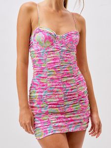 Casual Jurken Sexy Roze Bloemenprint Dropped Ruches Push Up Backless Sling Jurk Vrouw Hollow Out Back Pakket Heupen Spaghetti Band Mini