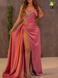 Vestidos casuales Sexy Pink Shiny Vestido Mujeres Elegante Bandeau Vendaje Midi Party Prom Slit Moda Sólido Otoño Irregular 2023
