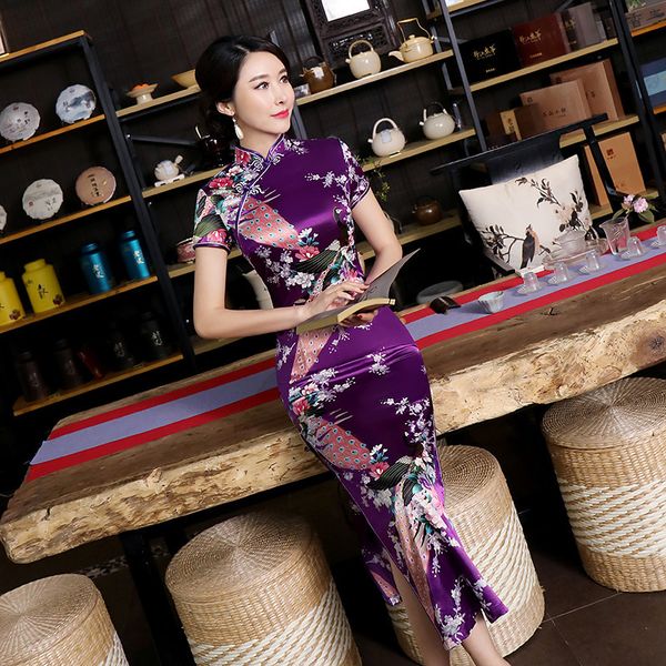 Robes décontractées Sexy Violet Femmes Satin Robe Quotidienne D'été Longue Qipao Imprimer Fleur Chinois Cheongsam Taille S M L XL XXL 3XL 0162 230331