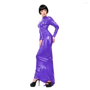 Casual jurken Sexy PVC glanzende nek slanke lange lange vrouwen groot formaat faux latex vloerlengte jurk met ruches ritssluiting bij back clubkleding