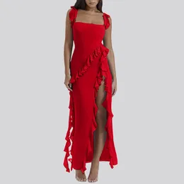 Casual jurken sexy rode ruches hoge splits galajurk dames mode vierkante hals slim fit bruiloft gast vrouwelijke backless maxi
