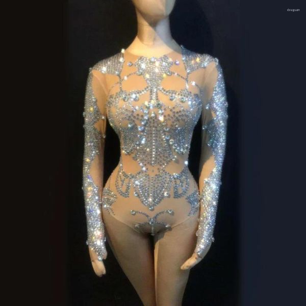 Robes décontractées en strass sexy bodySuit élastique nue cristal pole dance justaucorps féminin de nuit de nuit de soirée de combinaison de combinaison