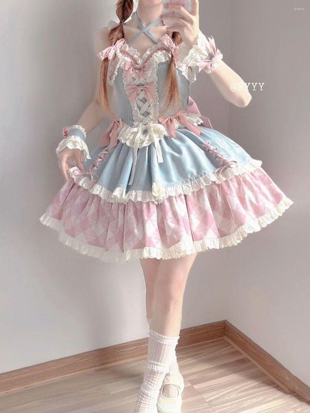 Vestidos casuales Sexy Ruffle Lolita rosa japonés dulce vestido mujeres Kawaii juego de rol disfraz Halloween fiesta Cosplay Anime Y2K ropa