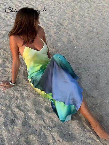 Vestidos casuales Sexy Satin Print Maxi Beach Vestido Bodycon Mujeres 2024 Verano Tinte Tie Sin espalda Elegante Fiesta Trajes de vacaciones Robe Mujier