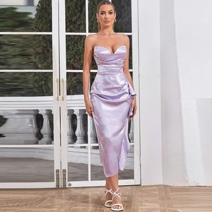 Robes décontractées Sexy Satin Purple Tube Top Taille Slim Robe à volants