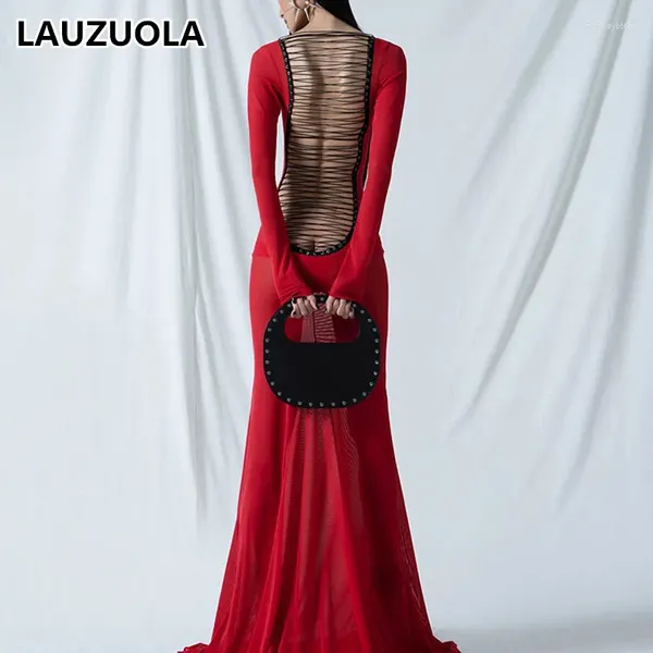 Vestidos casuales Sexy ver a través de malla roja vestido largo 2024 moda elegante manga completa sin espalda cruz encaje hasta club fiesta