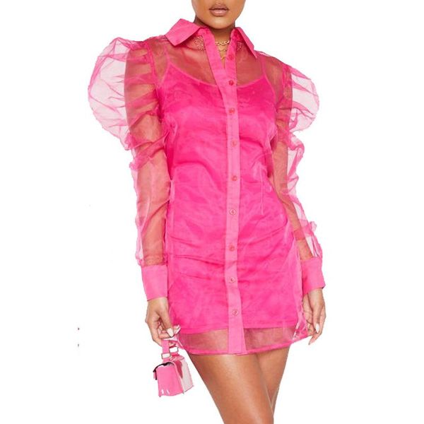 Vestidos casuales Sexy See Through Shirt Dress Trajes de dos piezas Pink Long Puff Sleeve Organza Cardigan Spaghetti Sets para fiesta de cumpleaños