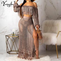 Vestidos casuales Sexy See Through Summer Maxi Dress Mujeres Backless Manga larga Crochet Knitted Club Beach Party Sets Noche