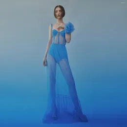 Casual jurken sexy zie thru blauw lang tule gewaad met handgemaakte 3D -bloem maxi jurk een korset bustier strandjurken