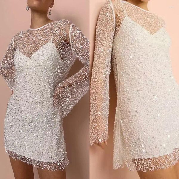 Vestidos casuales Sexy Sequins Bead Mesh transparente con Mini Vestido Slip