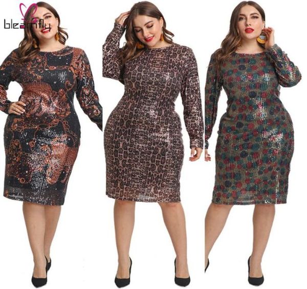 Vestidos casuales lentejuelas sexy talla grande 4x l5xl vestidos de bodycon mujeres invierno club nocturno estampado estampado de manga larga vesti2747221